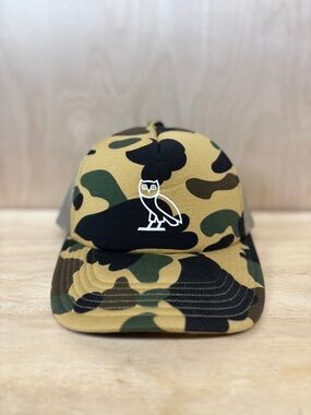 Bape x OVO 1st Camo Mesh Cap Logo Camo Trucker Hat - Tan/Green/Black